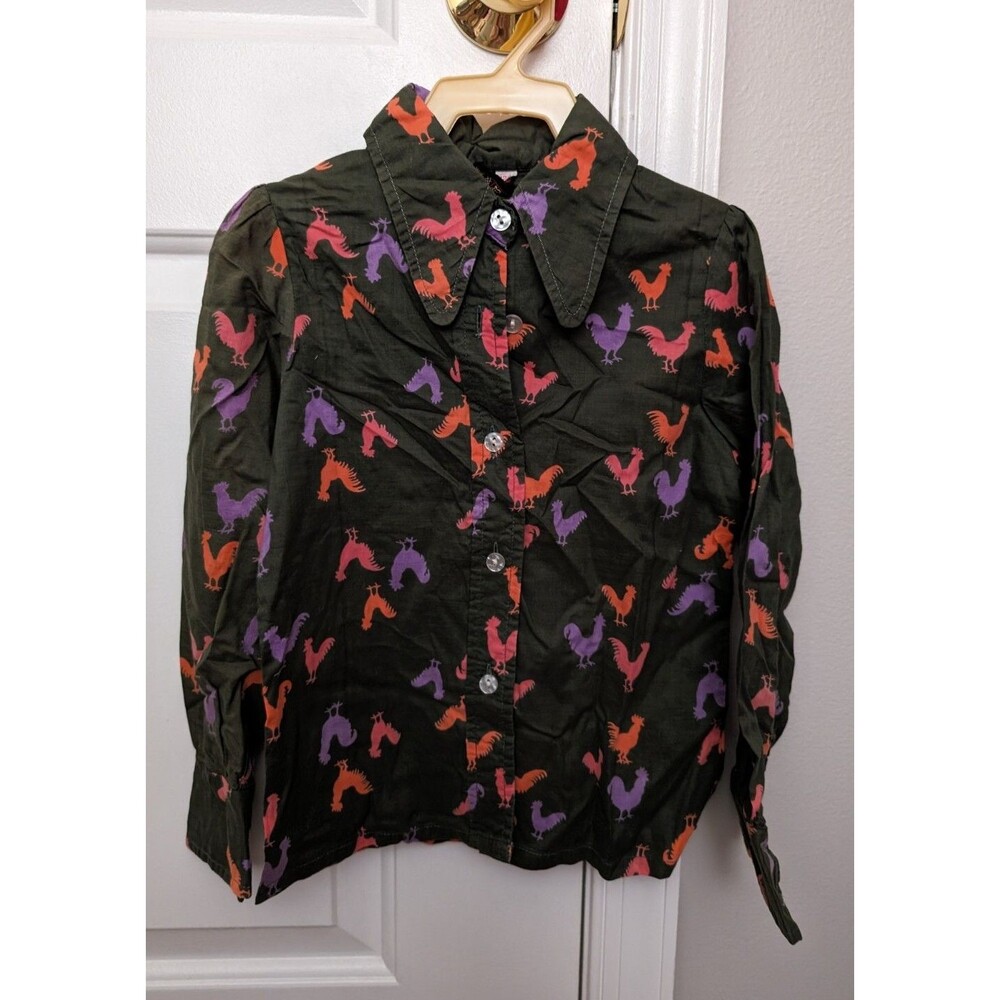 Vintage 70s Top Rooster Collared Shirt Button Down Black Red Purple Birds Sz 8/9